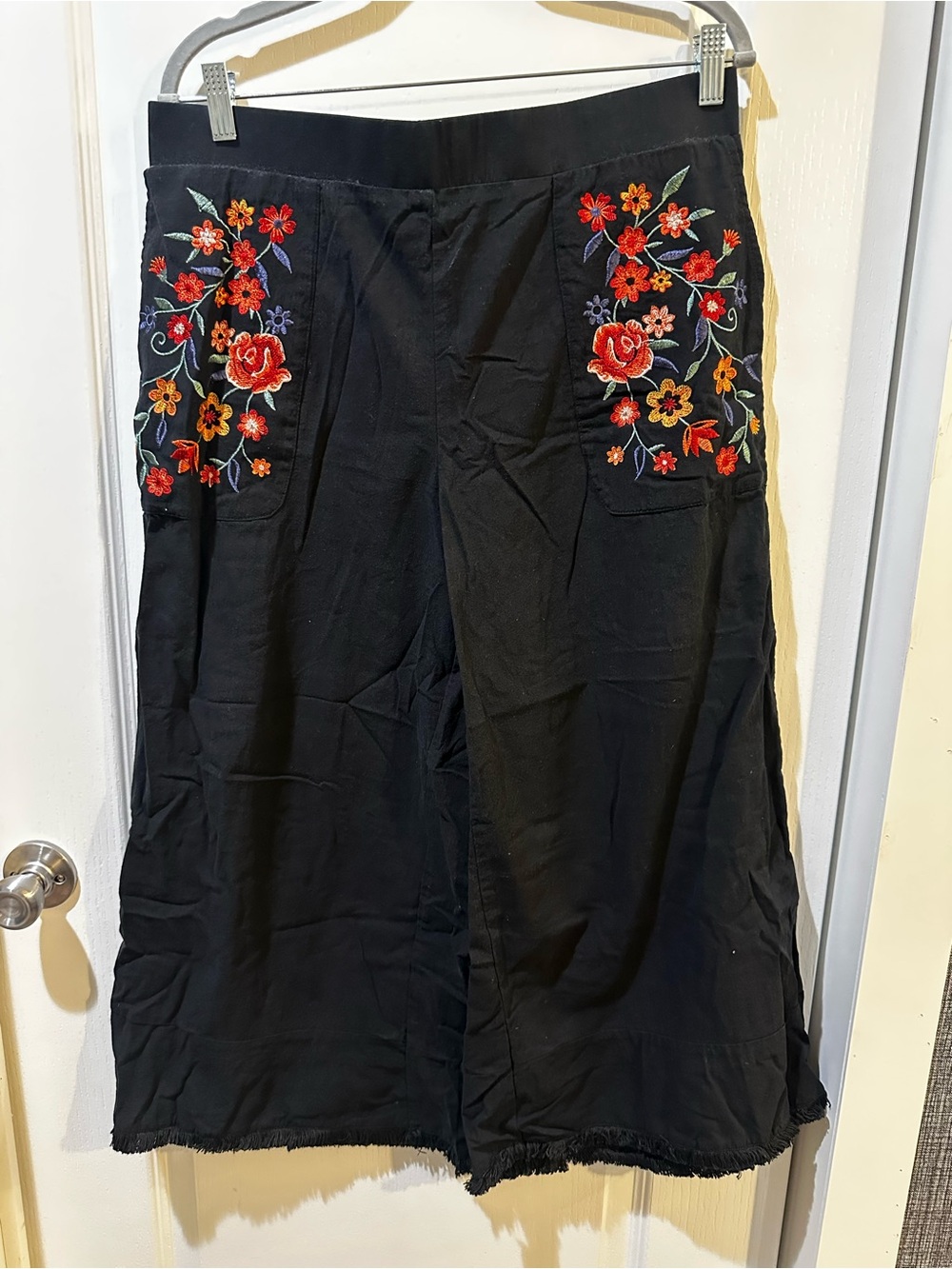 BloomChic Black Wide-Leg Pants with Red Floral Embroidery